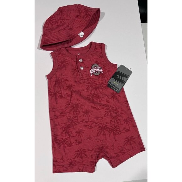 NEW Ohio State Buckeyes Colosseum Red Palm Trees Romper Hat Set Boys 6-12 M - Picture 1 of 8